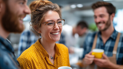 Young colleagues enjoying coffee break in modern office kitchen, casual conversation, team bonding, corporate culture, lifestyle, with copy space