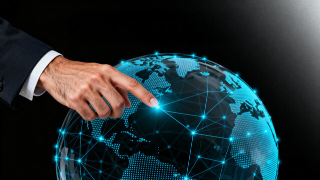 A man's hand pointing at a glowing globe with interconnected lines against a dark background space aesthetic - Powered by Adobe