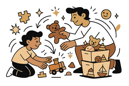 Fun Toy Organization. Toy storage solutions. Parent and child organizing colorful toys into bins; motion lines