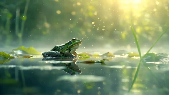 A vivid, realistic portrayal of a green frog in a serene water setting. The frog is depicted in a side profile, with its vibrant green skin and large, round eyes prominently displayed.
