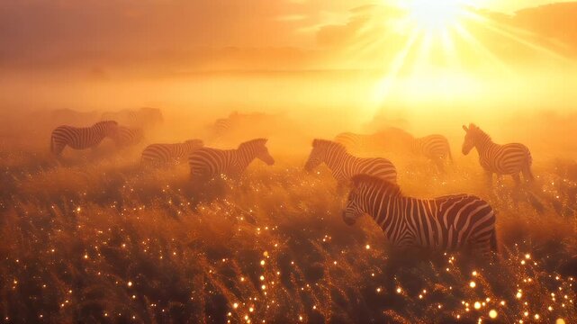 A vivid portrayal of zebras in a misty, golden field during sunset. The zebs are captured in a side profile, with their distinctive black and white stripes standing out against the warm.