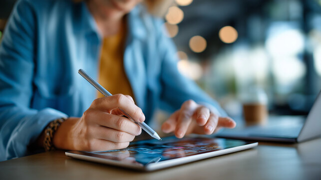 User interacting with digital tablet and stylus on bright background, app design, UX UI, creative work, technology mockup, with copy space - Powered by Adobe