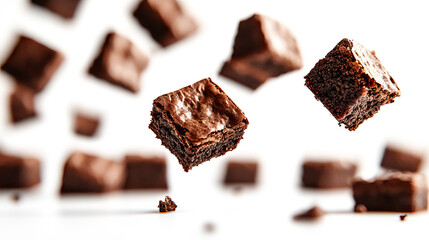 Chocolate Brownies in Mid-Air on White Backdrop Showcase Deliciousness for National Brownie Day, National Brownies at Brunch Month