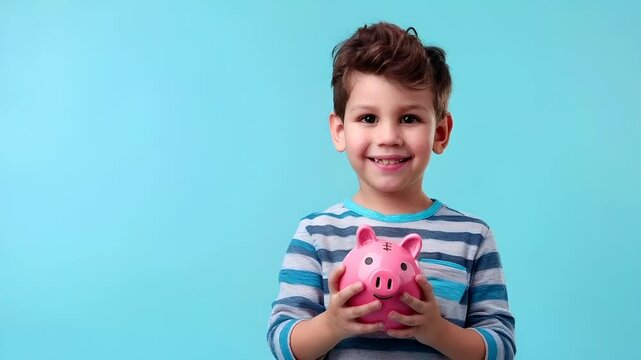 Money saving deposit financial planning concept. A young boy holding a pink piggy bank against a blue background.