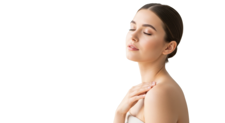 A young caucasian woman, early 20s, bare-shouldered, with radiant, flawless skin, gently touching her jawline, eyes serene, against a soft gradient studio background. Concept of natural beauty and