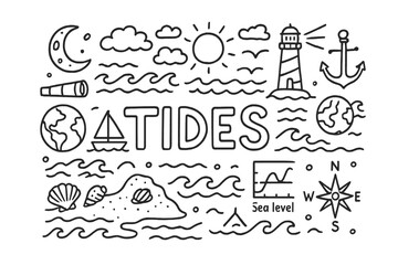 Doodle Tides Illustration. Tides. Hand-drawn doodle illustration of tides. waves, moon, ocean, sun, earth,