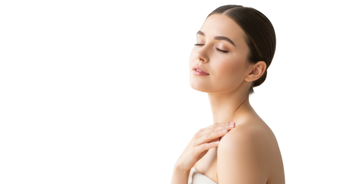 A young caucasian woman, early 20s, bare-shouldered, with radiant, flawless skin, gently touching her jawline, eyes serene, against a soft gradient studio background. Concept of natural beauty and