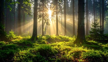Fototapeta premium Forest floor covered in lush green moss with sun rays streaming through trees