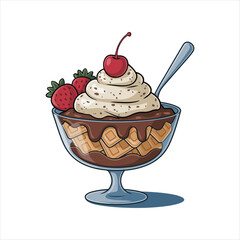 Ice cream cone with a strawberry. Cartoon vector illustration