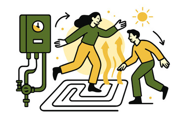Obraz premium Modern Heating Illustration. Floor heating connection. Boiler feeding underfloor heating circuit; curved