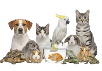 Diverse group of clean, relaxed domestic pets (dog, cat, bird, fish, rabbit, tortoise, iguana, toad) on seamless transparent studio background, concept of harmonious coexistence