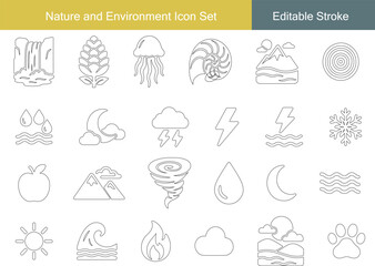 Nature and Environment Icon Set | Waterfall, Leaf, Mountain, Lightning, Cloud, Raindrop, Sun, Moon, Snowflake, Fire, Wave Line Icons