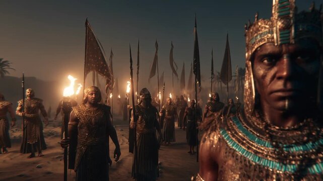 ancient egyptian monarch conducts solemn parade amid desert shadows and illuminated ceremonial attire