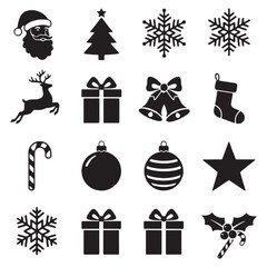 Set of Christmas Silhouette Icons Santa, Tree, Gifts, Snowflakes, and Ornaments