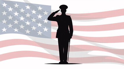 Obraz premium A high-quality black silhouette of a proud military officer standing at attention and saluting in front of a softly waving national flag backdrop.