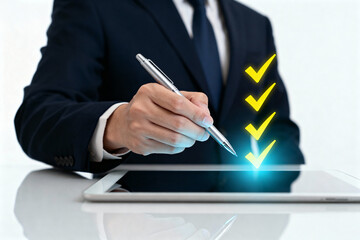 Businessman using a tablet with checkmarks for digital task management and completion of goals