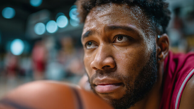 Focused basketball player resting on sideline, sweat and intense expression, sports psychology, determination, athlete, game moment, with copy space - Powered by Adobe