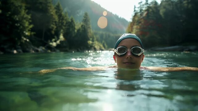 A woman swims in a clear, turquoise pool with a backdrop of a forested hillside. The sun casts a warm, golden hue over the scene, creating a serene atmosphere.