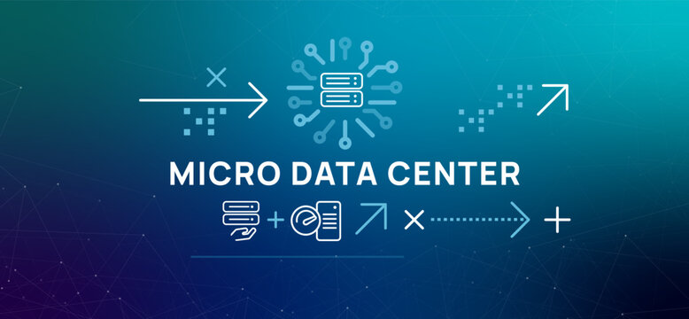 Micro Data Center icons show server racks storage and data flow representing edge computing modular infrastructure and decentralized data management