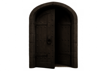 Ancient wooden door opening through a stone archway revealing a dark passage, transparent background for concept of mystery and entrance