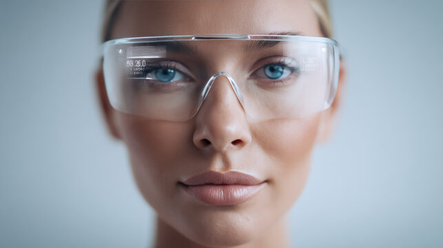 Portrait of person wearing smart glasses with health metrics display, futuristic wellness, calm expression, minimal clean background, high-tech healthcare concept
