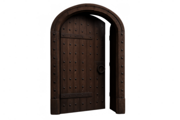 Dark wooden arched medieval door slightly ajar, opening to a new opportunity, journey, or mystery, transparent background
