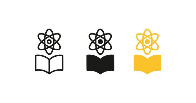 Science learning icons with atom and book in minimalistic style