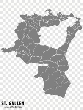 Map Canton of St. Gallen on transparent background. Canton St. Gallen map with  municipalities in gray for your design. Switzerland. EPS10.