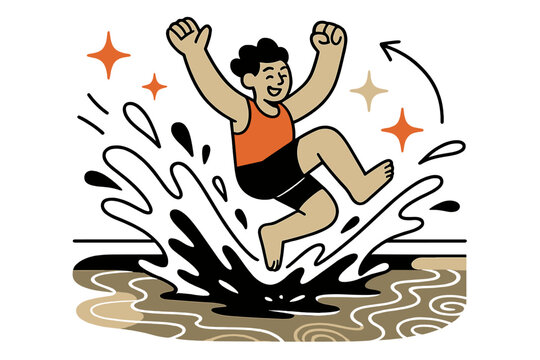 Joyful Pool Jump. Refreshing dip. Water splashing in midair as someone jumps joyfully into a clear pool,