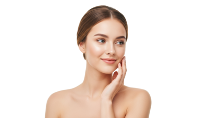 Young woman, radiant healthy skin, elegant updo, bare shoulders, serene smile, touching cheek, bright minimalist studio, soft high-key light, natural beauty and wellness concept