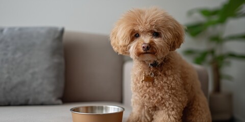 Cute fluffy dog sitting on sofa next to food bowl in cozy living room