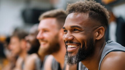 Basketball players laughing together on bench during timeout, team chemistry, sports lifestyle, friendship, fun, locker room energy, with copy space