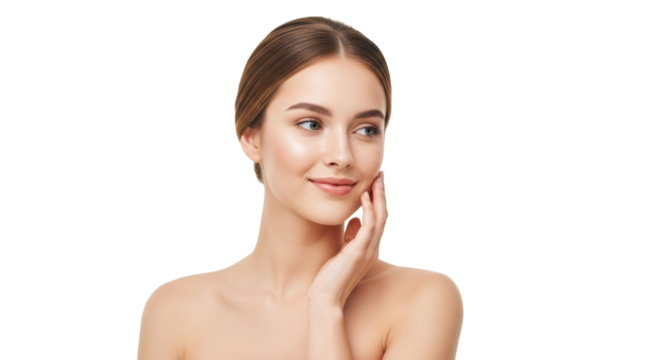 Young woman, radiant healthy skin, elegant updo, bare shoulders, serene smile, touching cheek, bright minimalist studio, soft high-key light, natural beauty and wellness concept