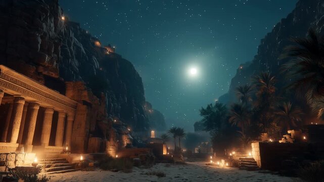 starlit canyon with palms, serene desert landscape featuring temple under luminous starry sky