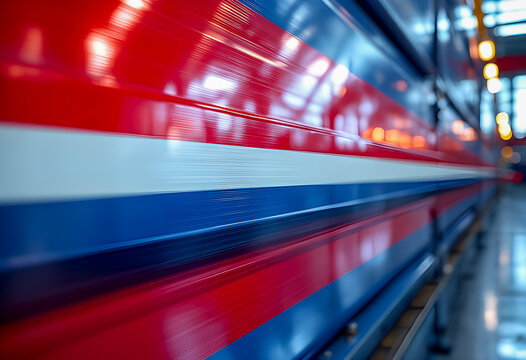 Red white and blue horizontal stripes run along a shiny metallic surface with reflections and blurred lights creating a modern patriotic and industrial american theme - Powered by Adobe