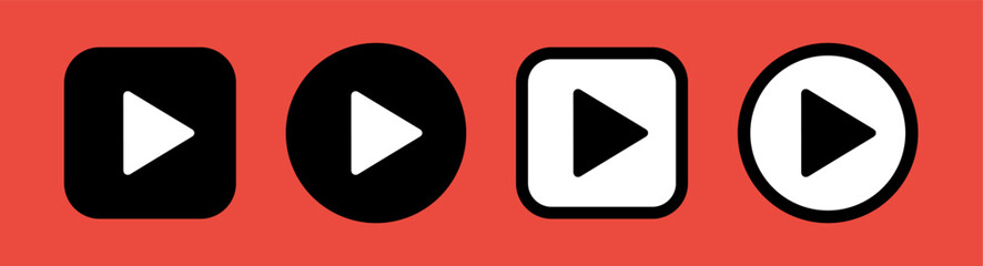 Play button icons set black and white collection on red background