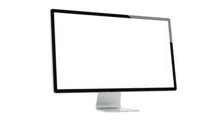 A sleek, all-in-one desktop computer monitor with a brilliant, blank white screen and minimalist design, isolated on a transparent background, concept of digital clarity and innovation