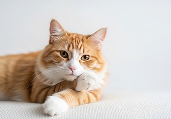Orange and white cat lying down on a white surface, resting its head on its paw with a thoughtful expression
