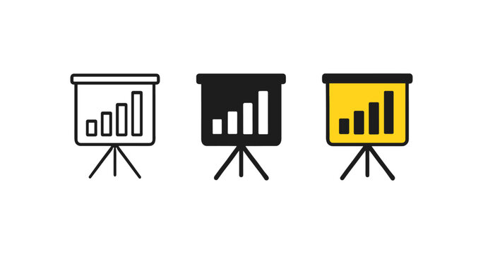 Minimalist presentation stands with bar graph elements in bold and neutral colors