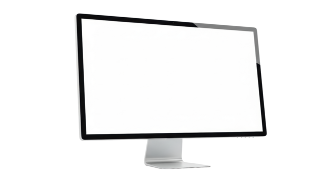 A sleek, all-in-one desktop computer monitor with a brilliant, blank white screen and minimalist design, isolated on a transparent background, concept of digital clarity and innovation - Powered by Adobe