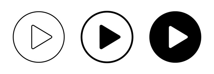 Set of video and audio play button icons. Simple black play button symbols inside circles for online media player. Vector illustration on transparent background.