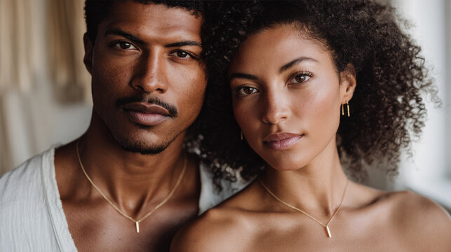 Portrait of mixed-race couple with matching minimalist jewelry, authentic closeness, natural light, elegant emotional realism