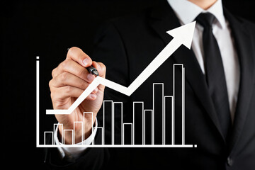 Man in suit drawing a rising bar graph with an arrow pointing upwards on a transparent surface