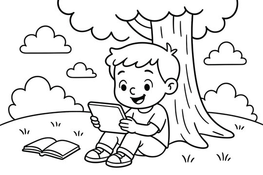 Outdoor Learning Fun. Learning anywhere children?s coloring book illustration, outlined drawing, cheerful