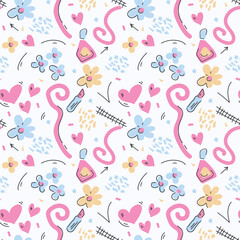 A simple seamless pattern with hearts, flowers, perfume, and abstract shapes in pink and blue. Perfect for Valentine's Day, princess diary covers, scrapbooks, cards, and wrapping paper.