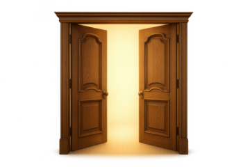 Open wooden double doors revealing bright light, symbolizing new opportunity, future paths, and hope on transparent background