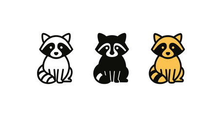 Naklejka premium Three raccoons icon set in minimalist styles: outline, solid, flat cartoon