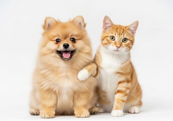 Obraz premium A small, fluffy pomeranian dog and a ginger tabby kitten sitting sidebyside on a white background, looking friendly