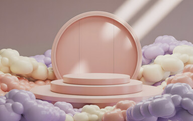 Pastel 3D Podium with Colorful Clouds for Product Display