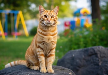 An orange tabby cat sits attentively on a rock in a grassy yard with a playground in the background